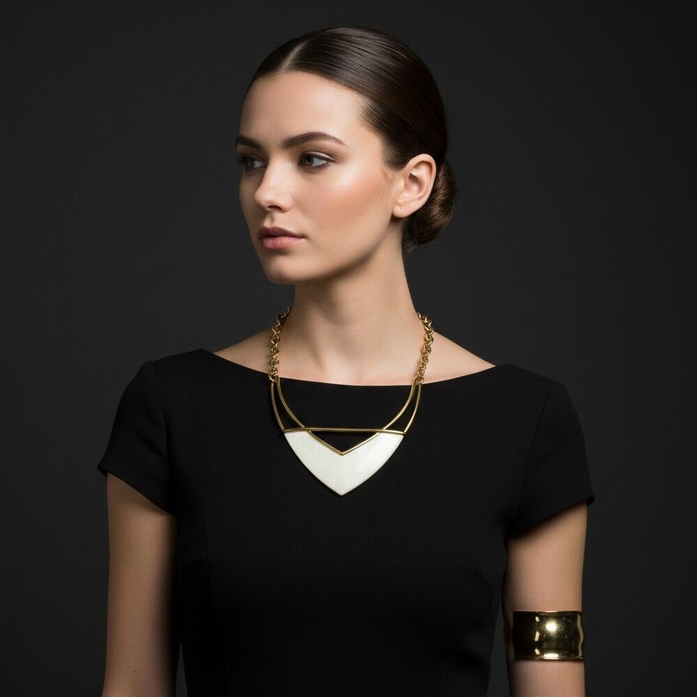 Vintage Monet Statement Necklace-Gold Tone-Cream Enamel-Geometric Couture-Runway